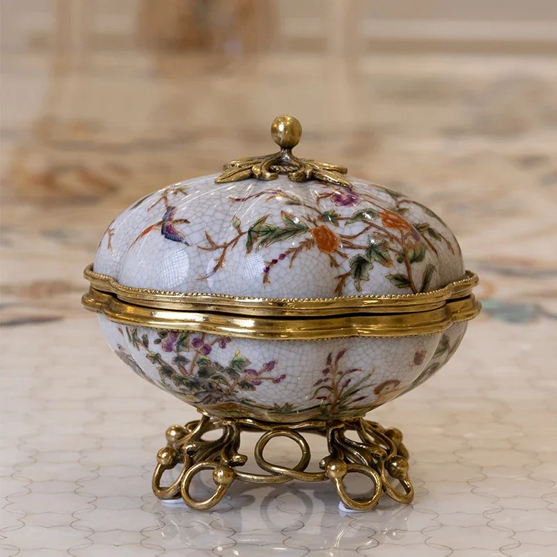 Luxury French aesthetic copper inlaid ceramic box with lid fruit plate European living room desktop trinket ornament