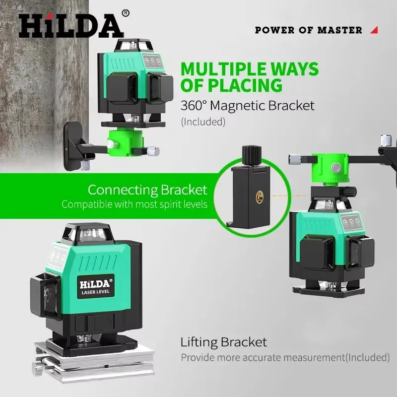 HILDA Laser Level Mini 12 Lines 3D Self-Leveling 360 Horizontal And Vertical Cross Super Powerful Green Portable Laser Beam Line