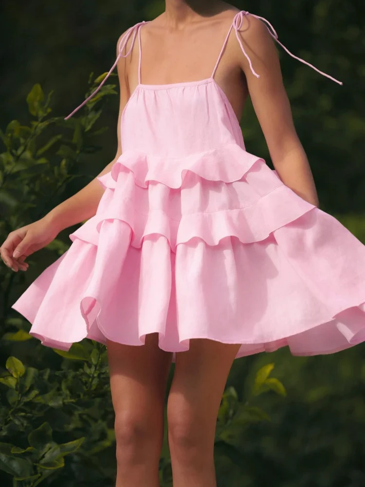 Minivestidos bohemios franceses sexis con tiras para mujer, 100% rosa de algodón sin tirantes, vestido de playa escalonado con espalda descubierta para vacaciones de verano