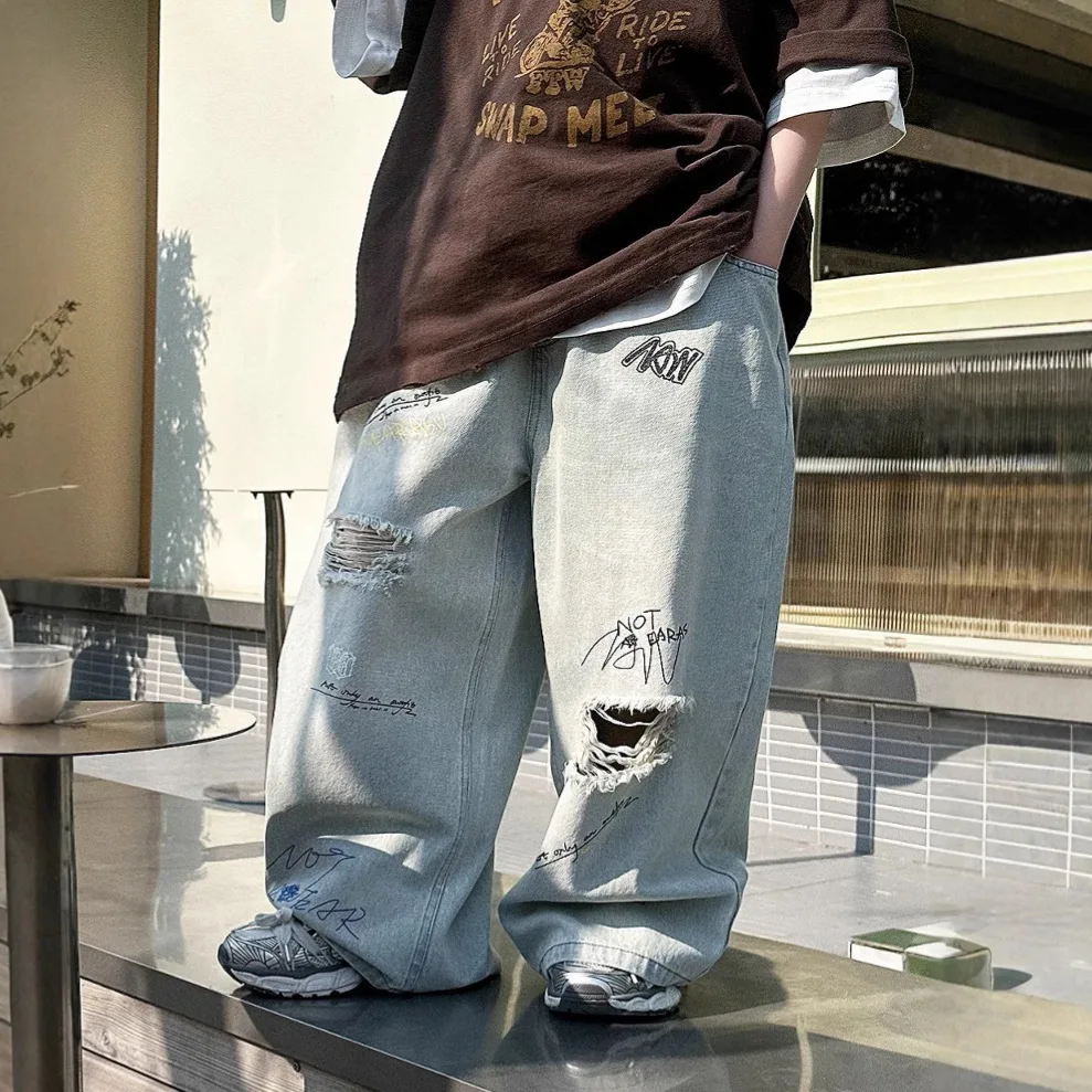 2025 Spring Summer New Children's Piercing Graffiti Printed Jeans Loose Straight Tube Long Pants