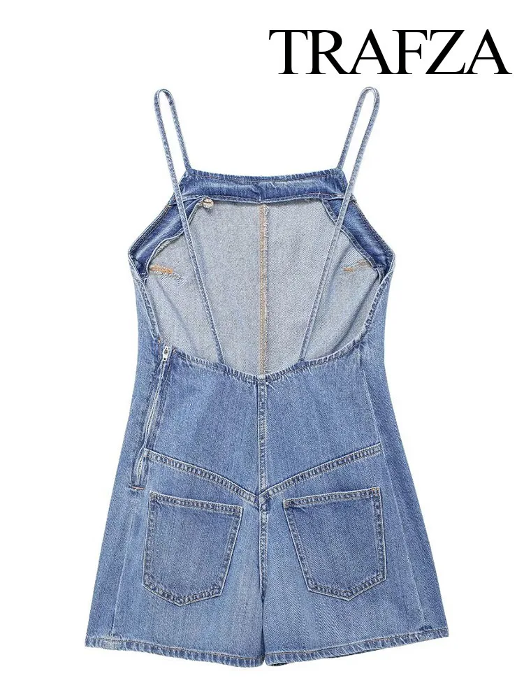 TRAFZA Women Summer Elegant One-Neck Blue Denim Jumpsuit Sleeveless Sling Backless Decorative Woman Casual Beach Jumpsuits Mujer