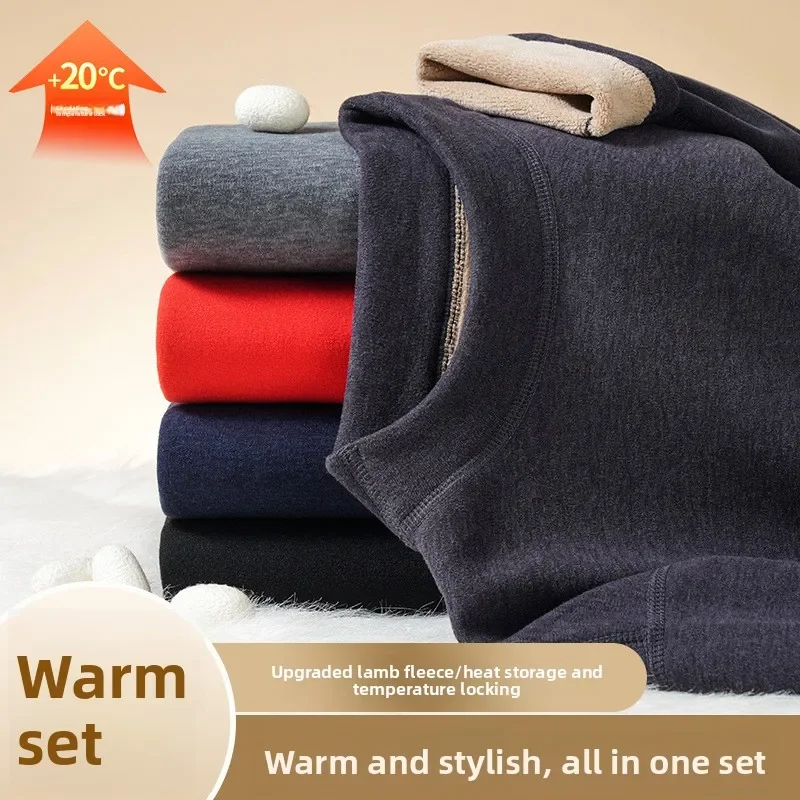 2026 Men Camel Wool Thermal Underwear Set Mid Neck Fleece Lined Thickened Winter Long Johns Wearable Outdoors Cold Protection