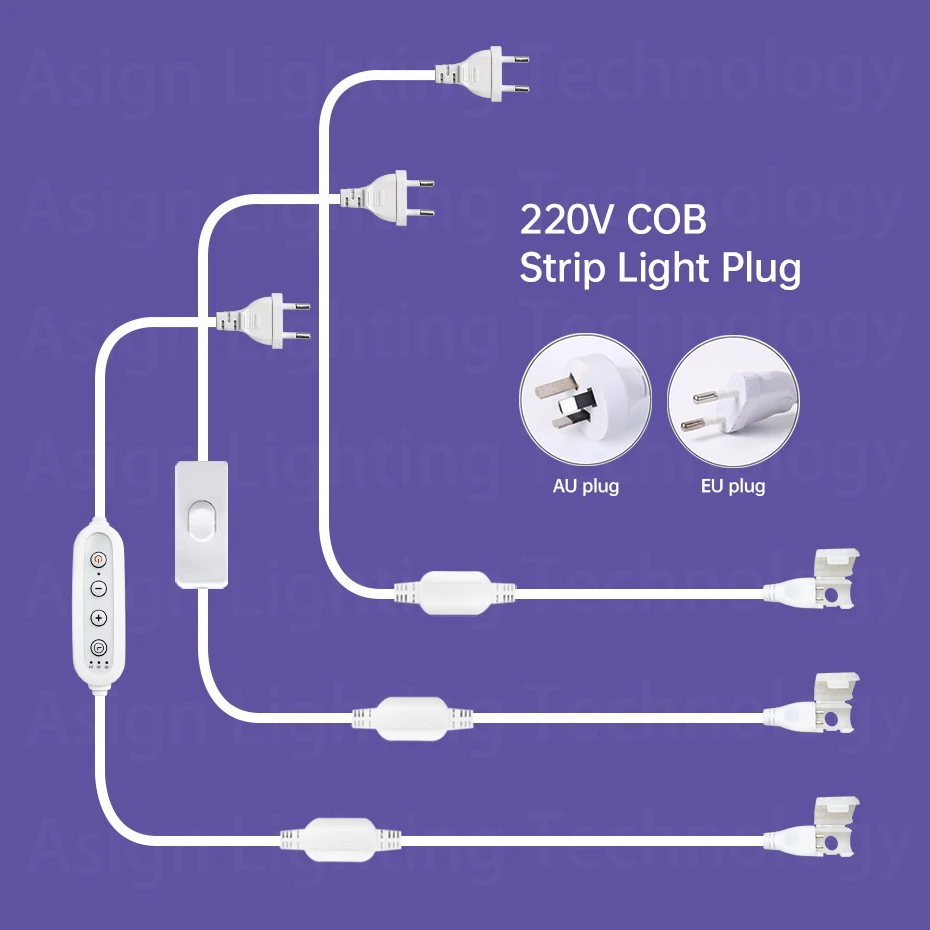 AC EU AU Power Plug 220V Switch/Dimmer Supply Power Wire / Cord Plug for 288LEDs/m 10MM COB Neon LED Strip Light Plug Cable