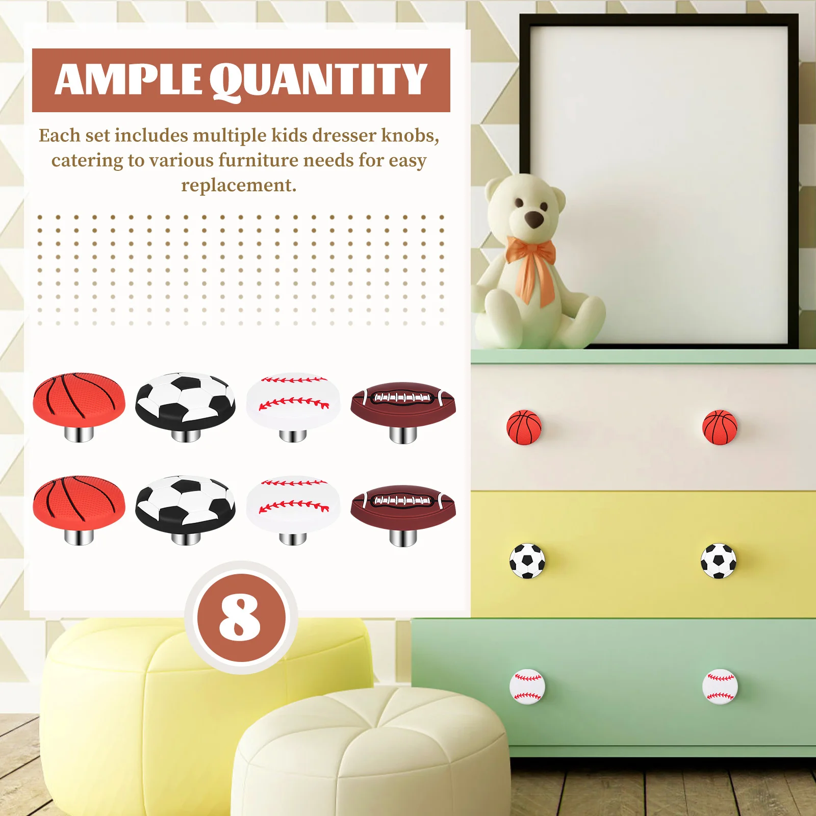 8-teilige Sportball-Kommode-Knöpfe, Schubladengriffe für Schrank, Kleiderschrank, Türgriffe, Fußball, Basketball, Fußball, Dekor-Hardware