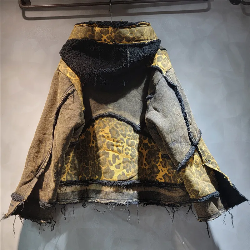 [zoci] Giacca con cappuccio integrata in pelliccia con stampa leopardata stile trendy 2024 Cotone casual oversize allentato invernale