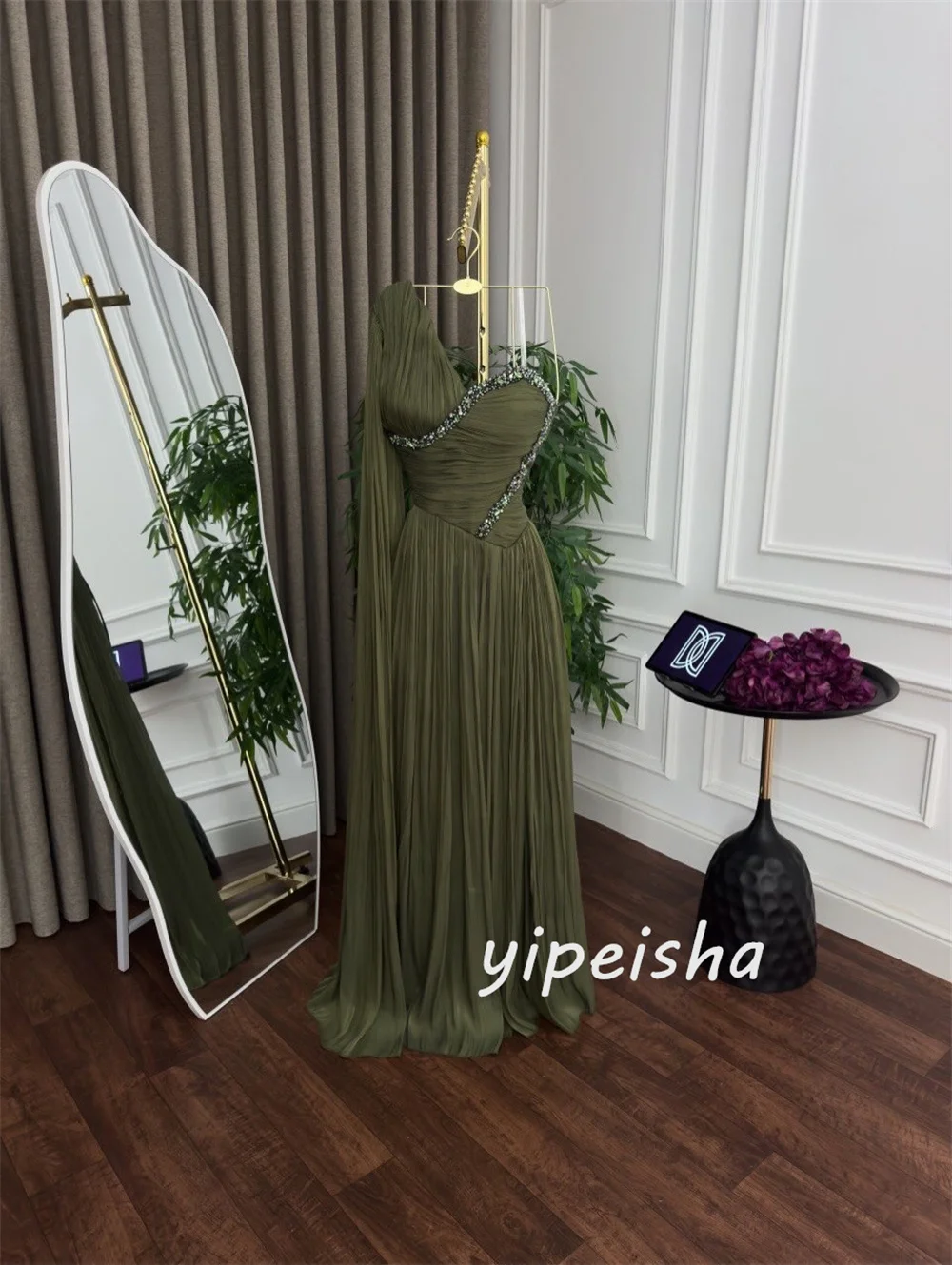 Customized Luxury Exquisite Chiffon Pleat Beading Sequined Rhinestone A-line One-shoulder Floor-Length Evening Dresses Retro