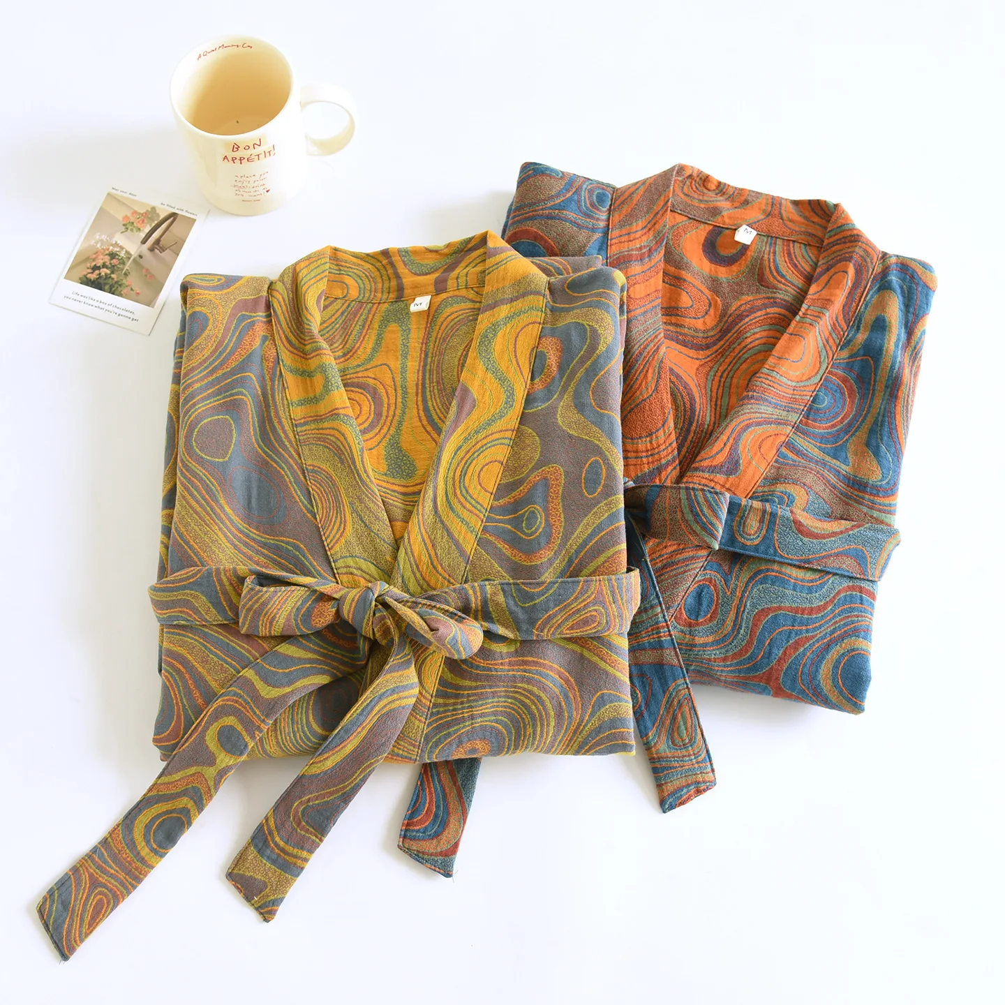 ثوب نوم قطني منسوج ملون للنساء بيجامة كيمونو مع جيوب مزدوجة وحزام ملابس منزلية #2