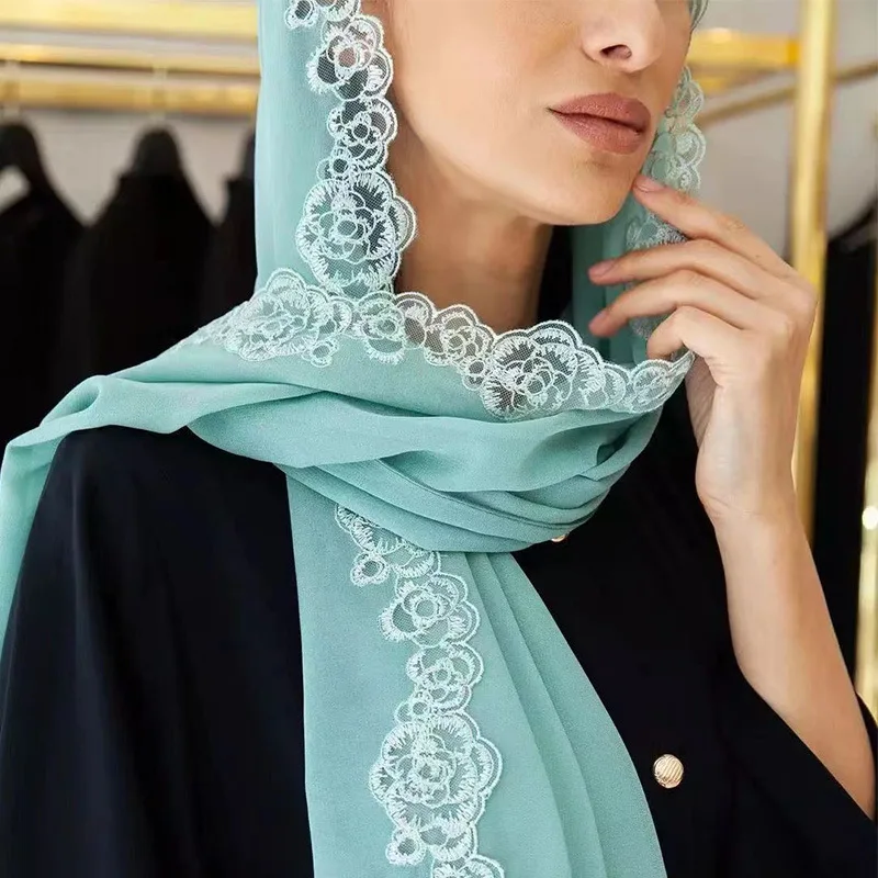 Hijab en mousseline de soie pour femmes musulmanes, 2 côtés, dentelle, broderie, Rose, bords fleuris, patchs décoratifs