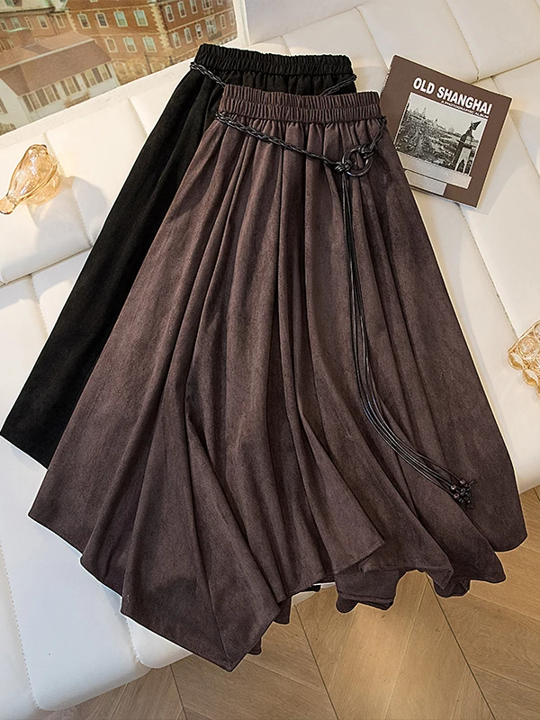 V-Neck High Waist A-Line Skirt Women's Vintage Style Half-length Skirts Draped Asymmetrical Cotton Blend Casual Wear