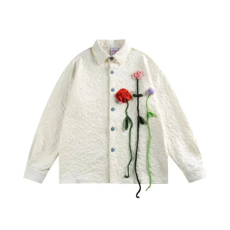3D Fabric Knitted Flowers Shirt Men Women Streetwear Fashion Show Loose Casual Long Sleeve Shirts Unisex Blouses