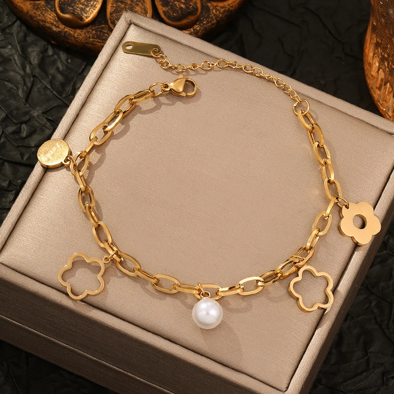 CDD 316L Stainless Steel Five Leaf Flower Charm Pearl Bracelet for Women Girls 2024 Fashion Thick Wrist Chain Jewelry Pulseras