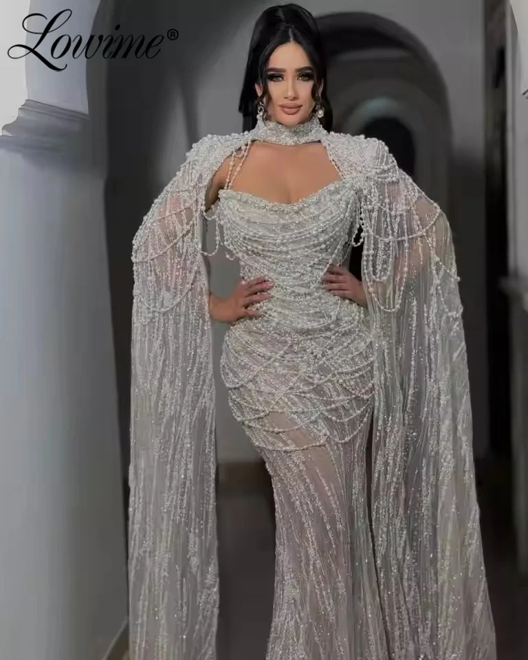 

﻿ Вечерние платья-накидка из двух частей, арабское вечернее платье цвета слоновой кости по индивидуальному заказу, элегантное длинное платье русалки без бретелек для выпускного вечера для свадебного халата