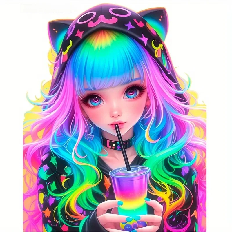 Anime Girl Cat Ears Rainbow Hair Reflective Vinyl Sticker Waterproof for Car Laptop Phone