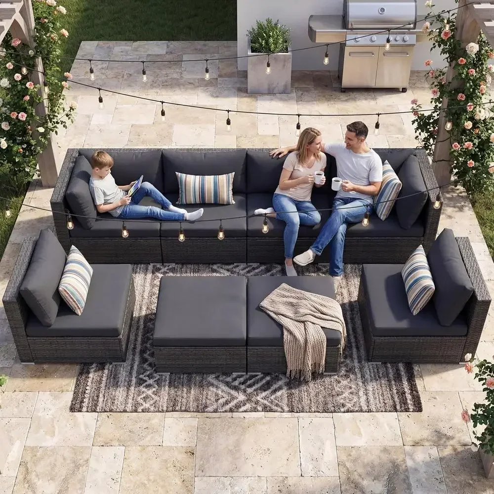 8-Person Luxury Outdoor Wicker Patio Sectional Sofa Set with Ottoman, High Back L-Shaped, All-Weather, Deep Seated, Grey