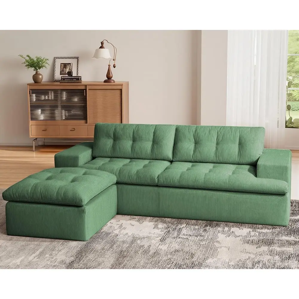 

Green L-Shaped Sectional Sofa with Ottoman and Layered Cushions for Living Room, Ready to Use