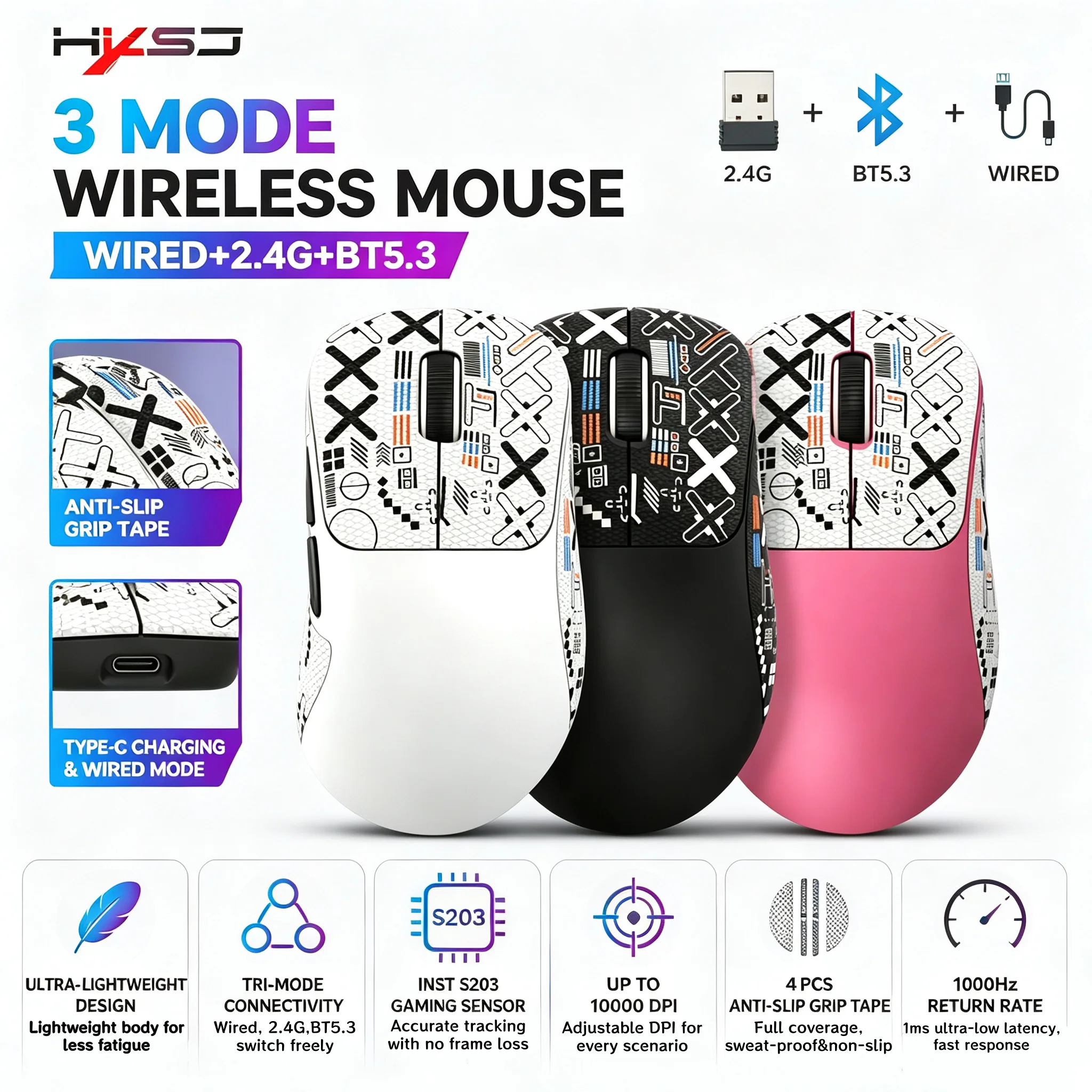 HXSJ T700 Ultra-Light Wireless Gaming Mouse, Tri-Modes BT5.2/Type-C Wired/2.4G, 1KDPI, For Laptop, PC, Mac Gamer