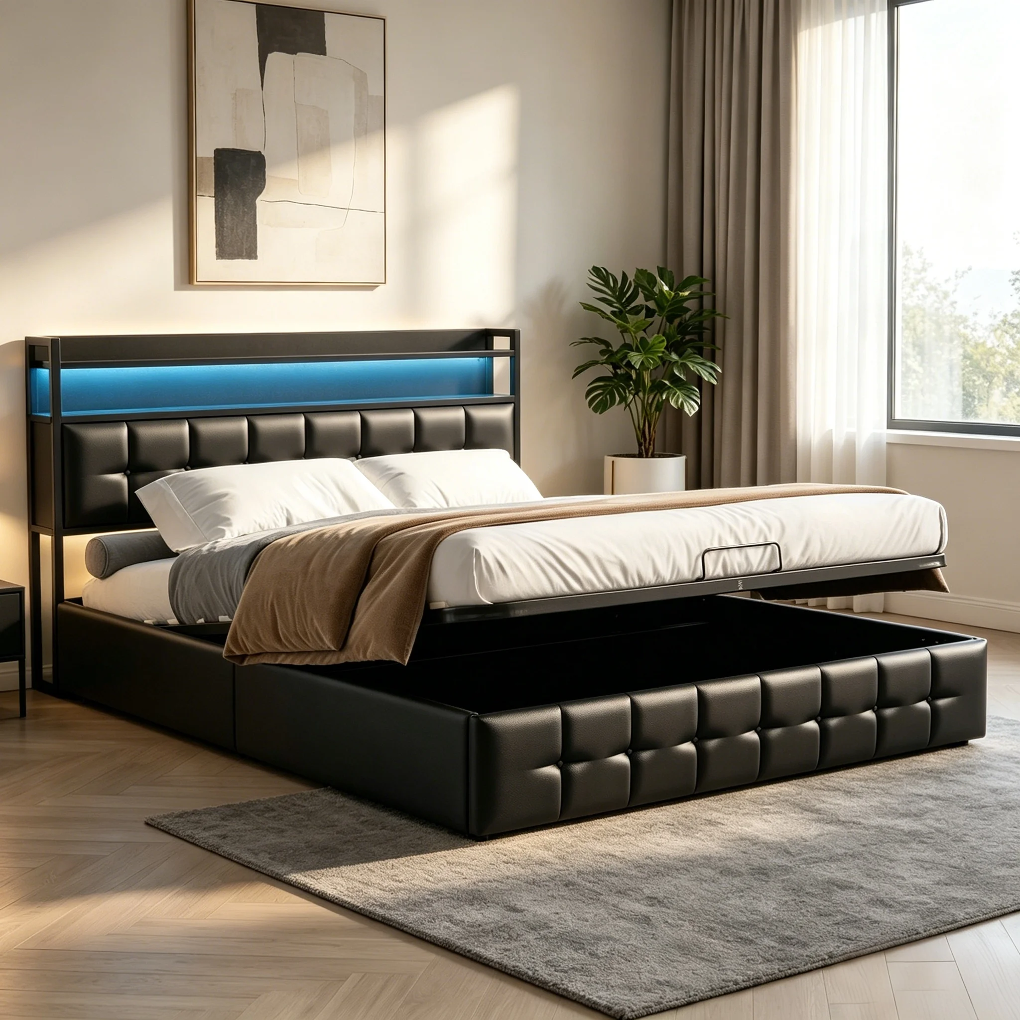 Cama Fangange de PU de 140 x 200 cm con LED y estación de carga (USB-A, USB-C), cama doble con 2 estantes abiertos, estructura de metal, color negro