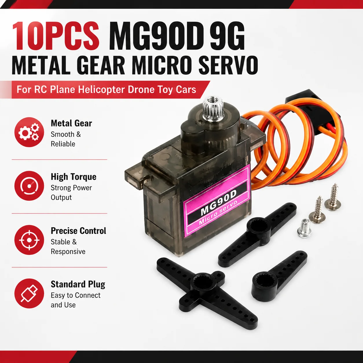 10PCS MG90D 9g Metal Gear Micro Servo High Torque For RC Plane Helicopter Drone Toy Cars Precision Control