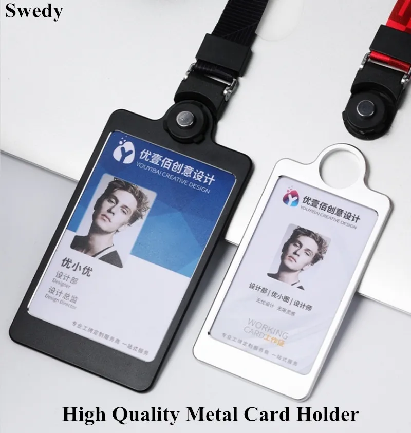 Heavy Duty Vertical Name Card Tags ID Badge Card Holder Protector Aluminum ID Badge Card Holder With Lanyard