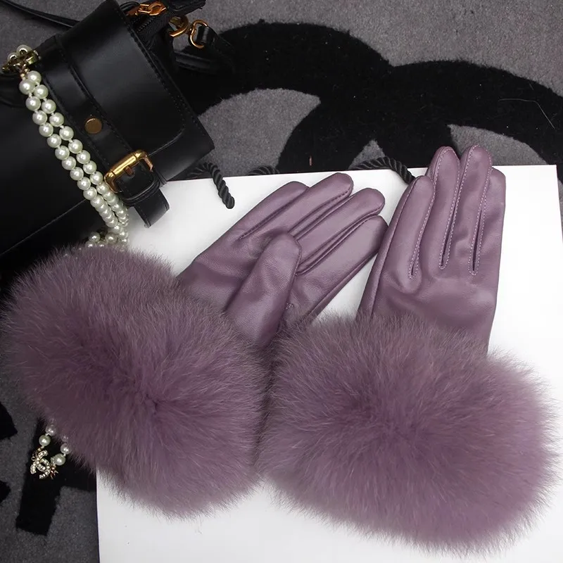 

Real Fox Fur Sheepskin Gloves for Women Autumn Winter Plus Velvet Warm Genuine Leather Gloves Fashion Purple Lady Outdoor Gloves