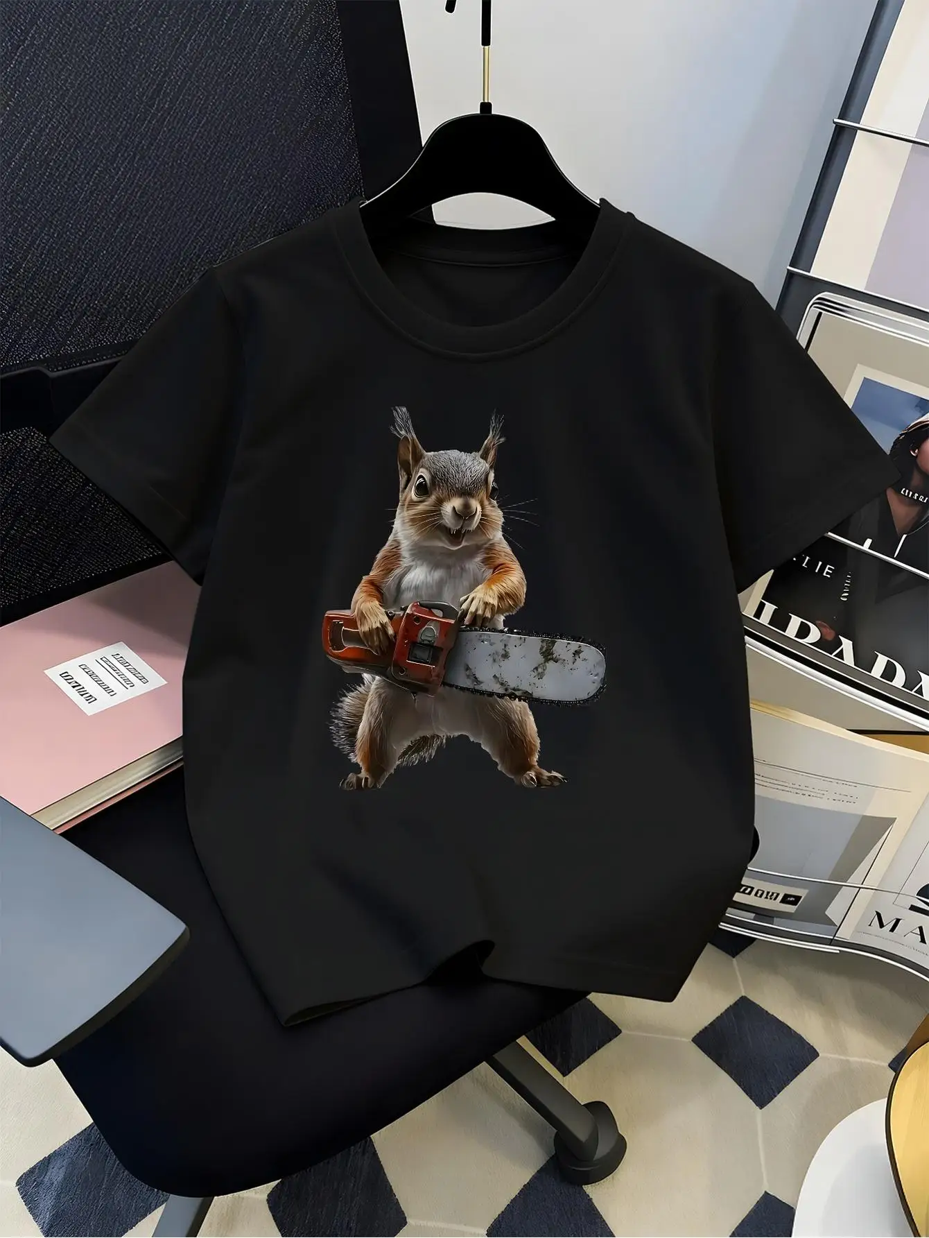 Cute Squirrel Holding Chainsaw Funny Animal Art Graphic Print Family Matching Short Sleeve Tee Boys Girls Kids Casual Tops