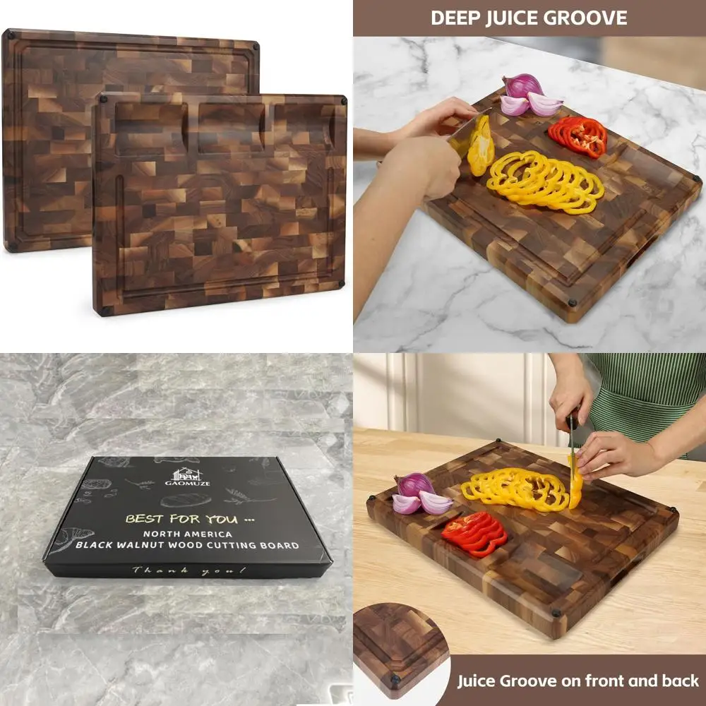 

Двусторонняя разделочная доска из черного ореха, 17x13x1,5 дюйма, пазы для сока, ручки, нескользящие подушечки, в подарочной упаковке