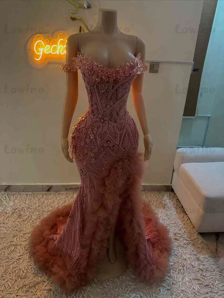 섹시한 핑크 파티 드레스 크리스탈 인어 프롬 드레스 2026 맞춤형 주름 장식 스플릿 사이드 롱 셀러브리티 이브닝 가운
