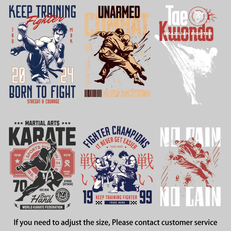 Retro Combat Sports Heat Transfer Patches, Kung Fu & Boxing Thermal Stickers for Clothing DIY