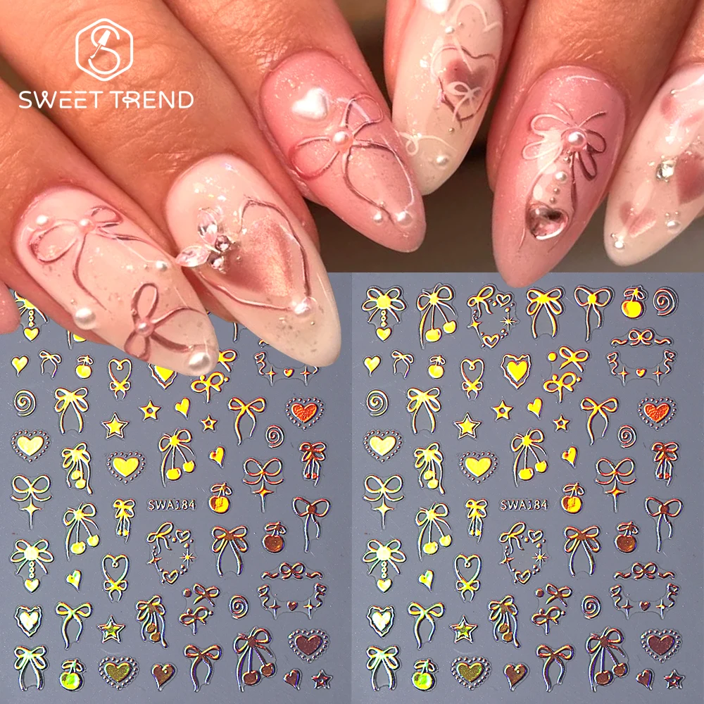 SWEET TREND-2 Stück Schleifenband-Nagelaufkleber, Mini, niedliche Kirschen, Liebesherzen, Aufkleber für Frauen, koreanische Maniküre, DIY-Dekorationen