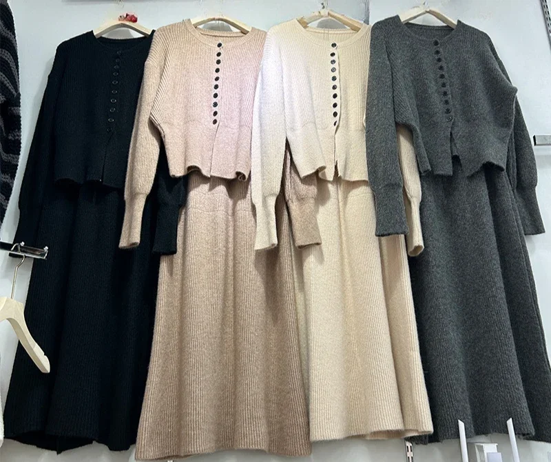 Muslim Knitting Two Piece Sets Women Cardigan Single Breasted Sweater Coat Long Skirt Suit Casual Ensemble Skirts Outfits