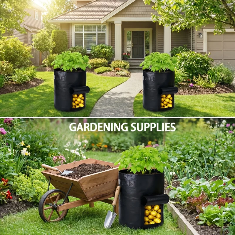 Black PE potato planting bag, plant pot, with harvest window and reinforced handle, breathable outdoor planting pot, suitable