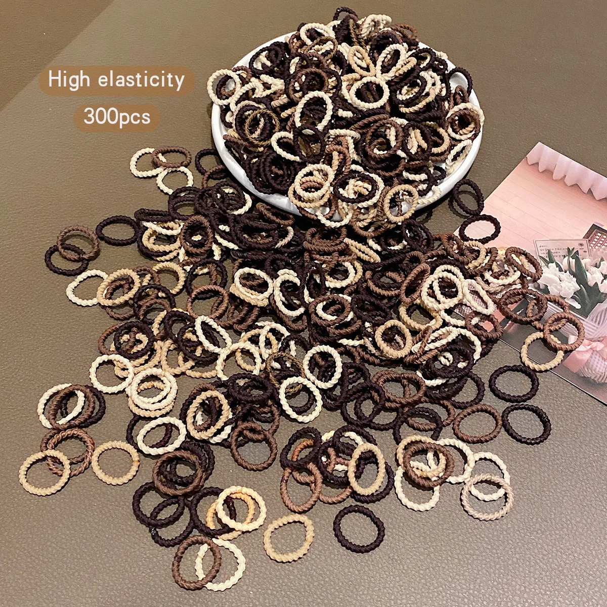 300 coffee colored rubber bands, Korean version, elastic and durable headband suitable for daily use as a hair accessory