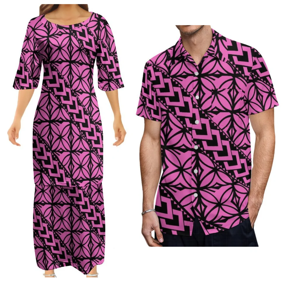 Polynesian Matching Couple Outfits Women Puletasi Dress Men Aloha Shirt Pacific Island Tapa Tribal Print Plus Size Beach Part