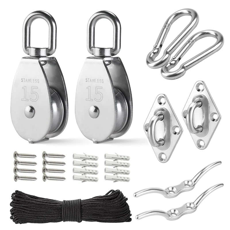 M15 Stainless Steel Pulley System Kit-Heavy-Duty Pulley Wheel, Pulley Block With Nylon Rope, For Lifting, DIY Projects Durable