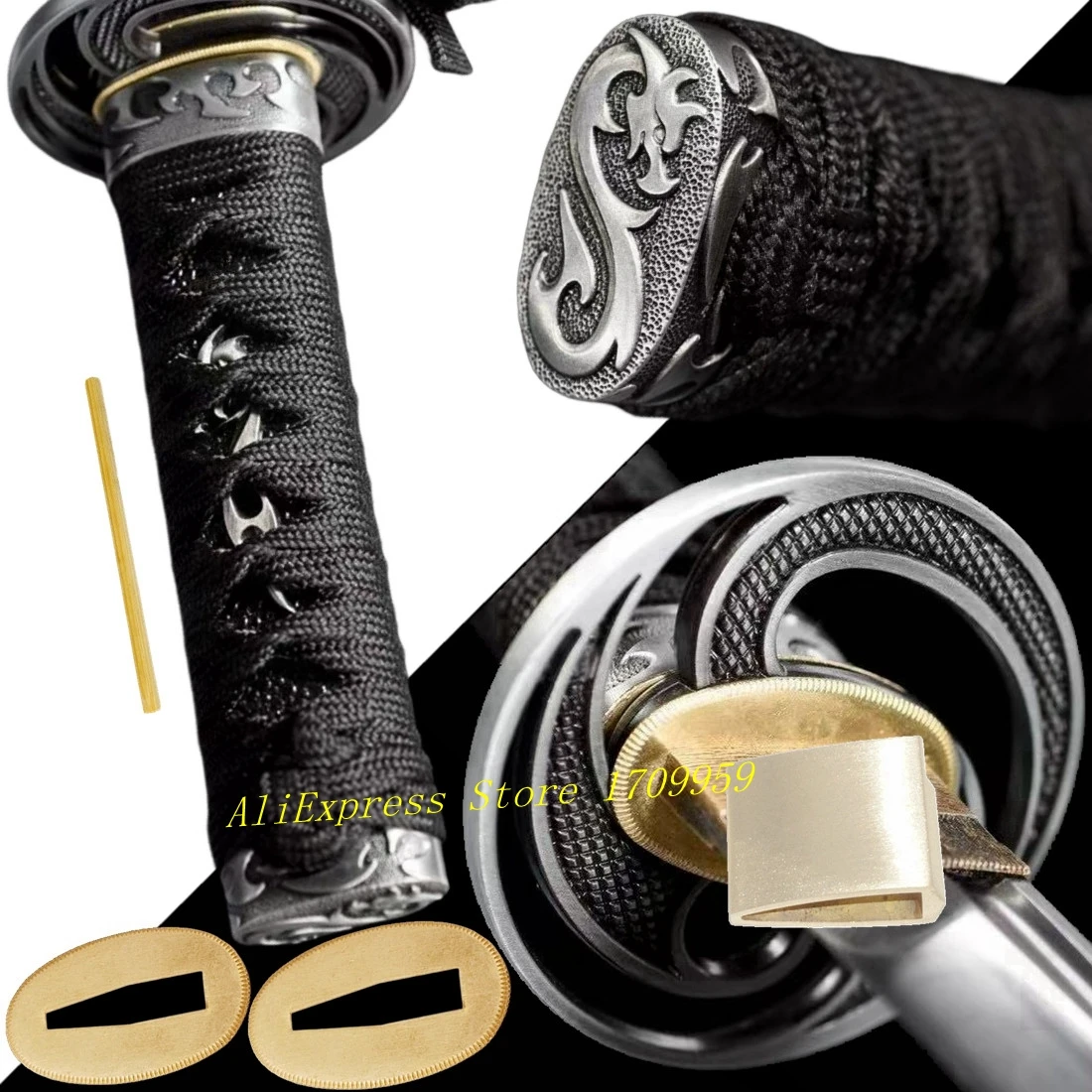 15cm alça tanto curto tsuka espada samurai japonês pequena katana acessórios conjunto liga tsuba + menuki + fuchi + kashira + habaki + seppa ﻿