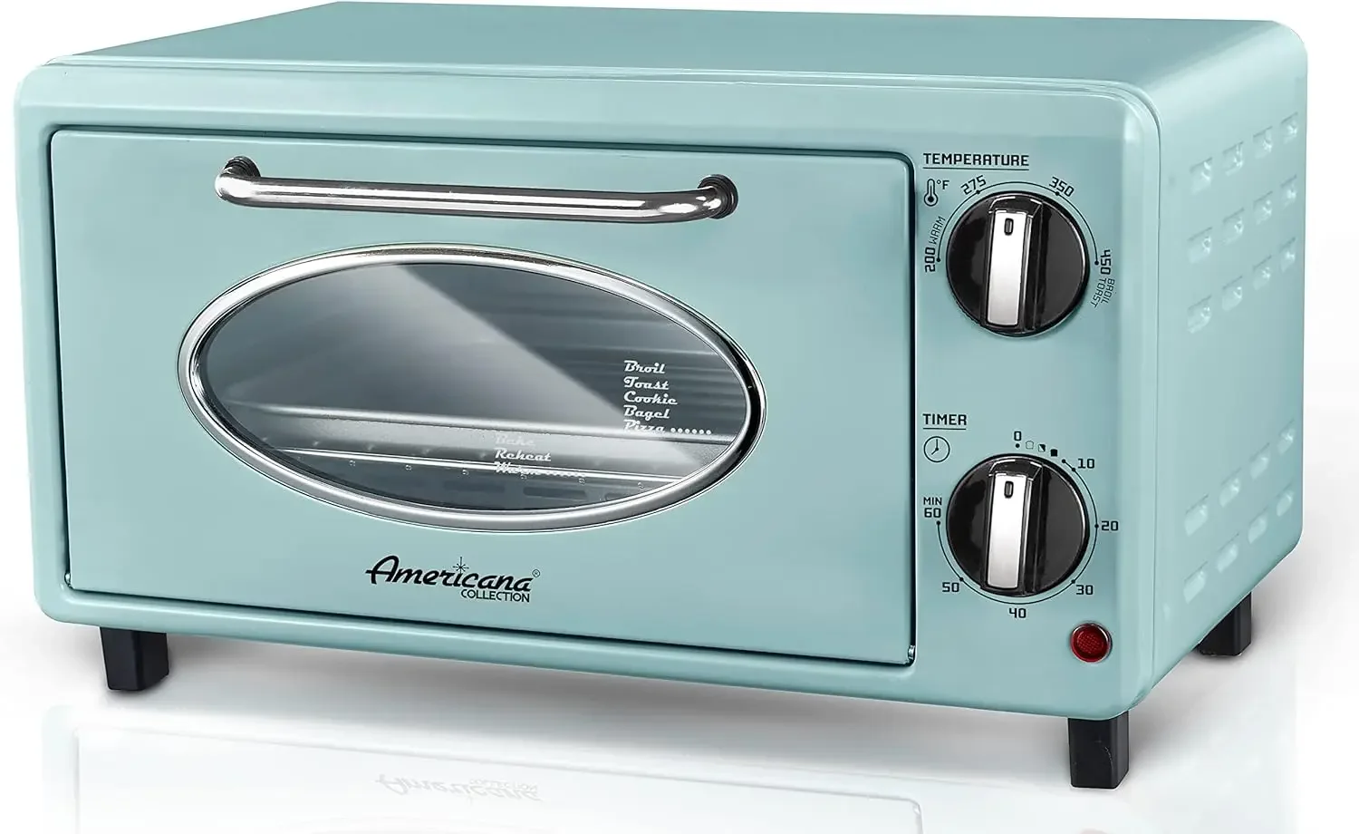 50’s Retro Countertop Toaster oven, Bake, Toast, Fits 8” Pizza, Temperature Control & Adjustable 60-Minute Timer 1000W, 2 Slice,