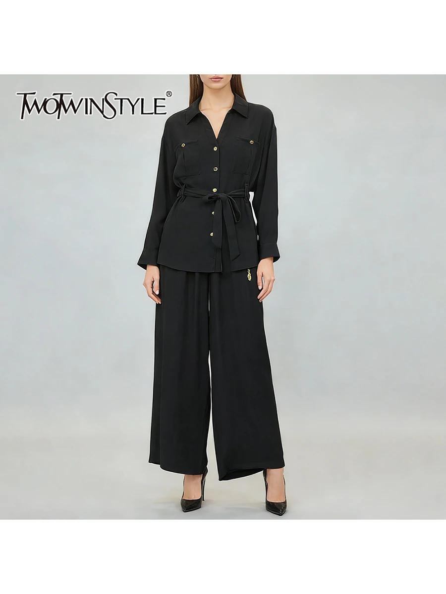

TWOTWINSTYLE Свободные повседневные комплекты из двух предметов для женщин с лацканами и длинными рукавами, сращенные карманы, топ с высокой талией, широкие брюки, женский комплект