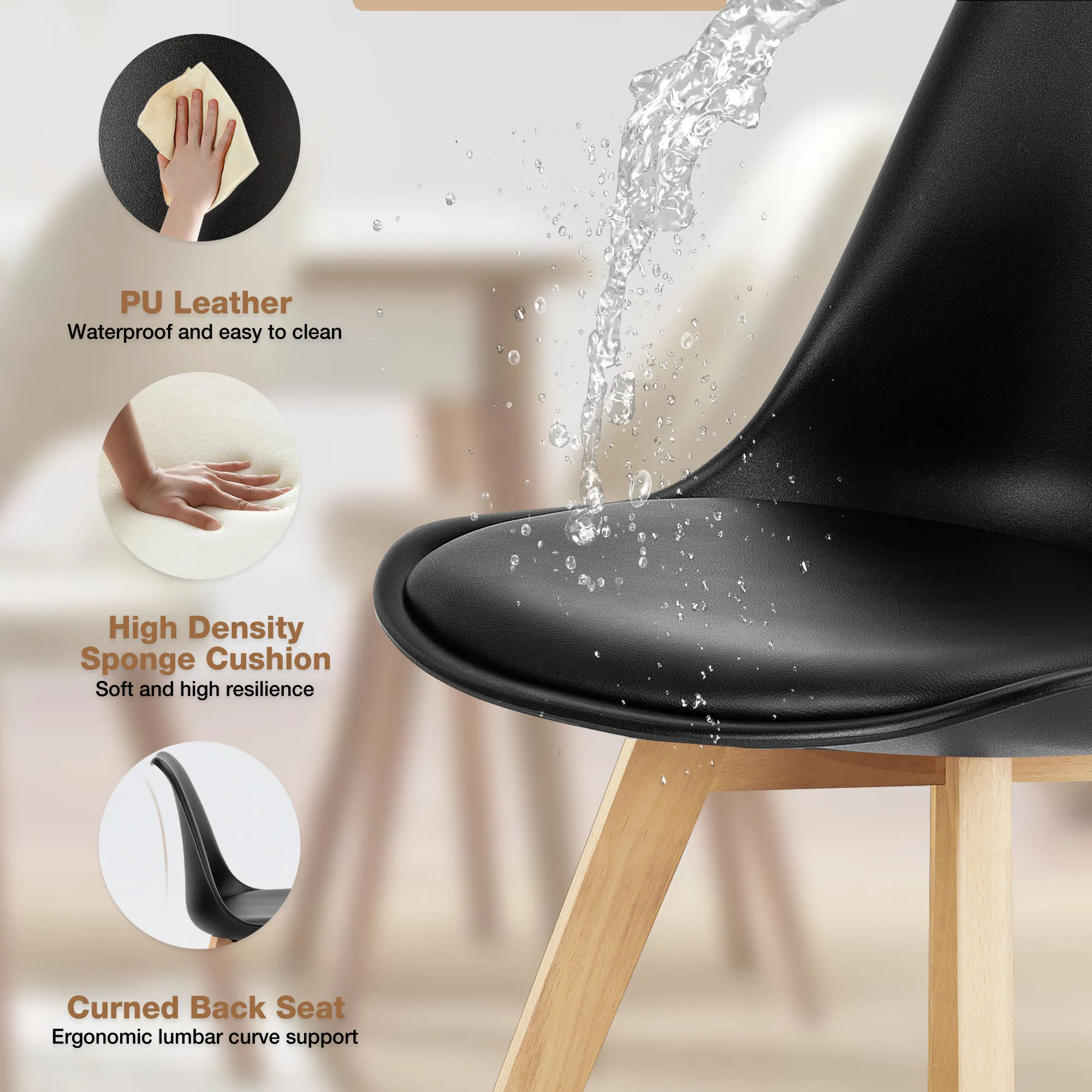 طقم كراسي تناول طعام من الجلد ، أرجل خشبية ، صالة ، منزل ، مطبخ ، مريح ، وسادة إسفنجية ، غرفة معيشة ، 4 #4