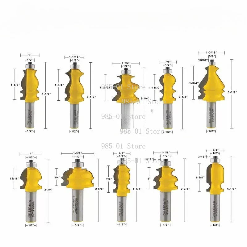 1/2 Inch Shank 10-Piece Architectural Molding Router Bit Set