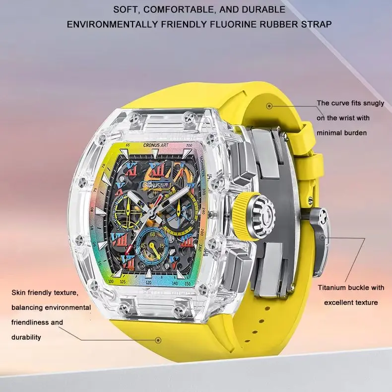 CRONUSART Men Chronograph Watch 50mm Tonneau Mechanical Wristwatch Sapphire Case & Mirror Luminous Fluororubber Strap