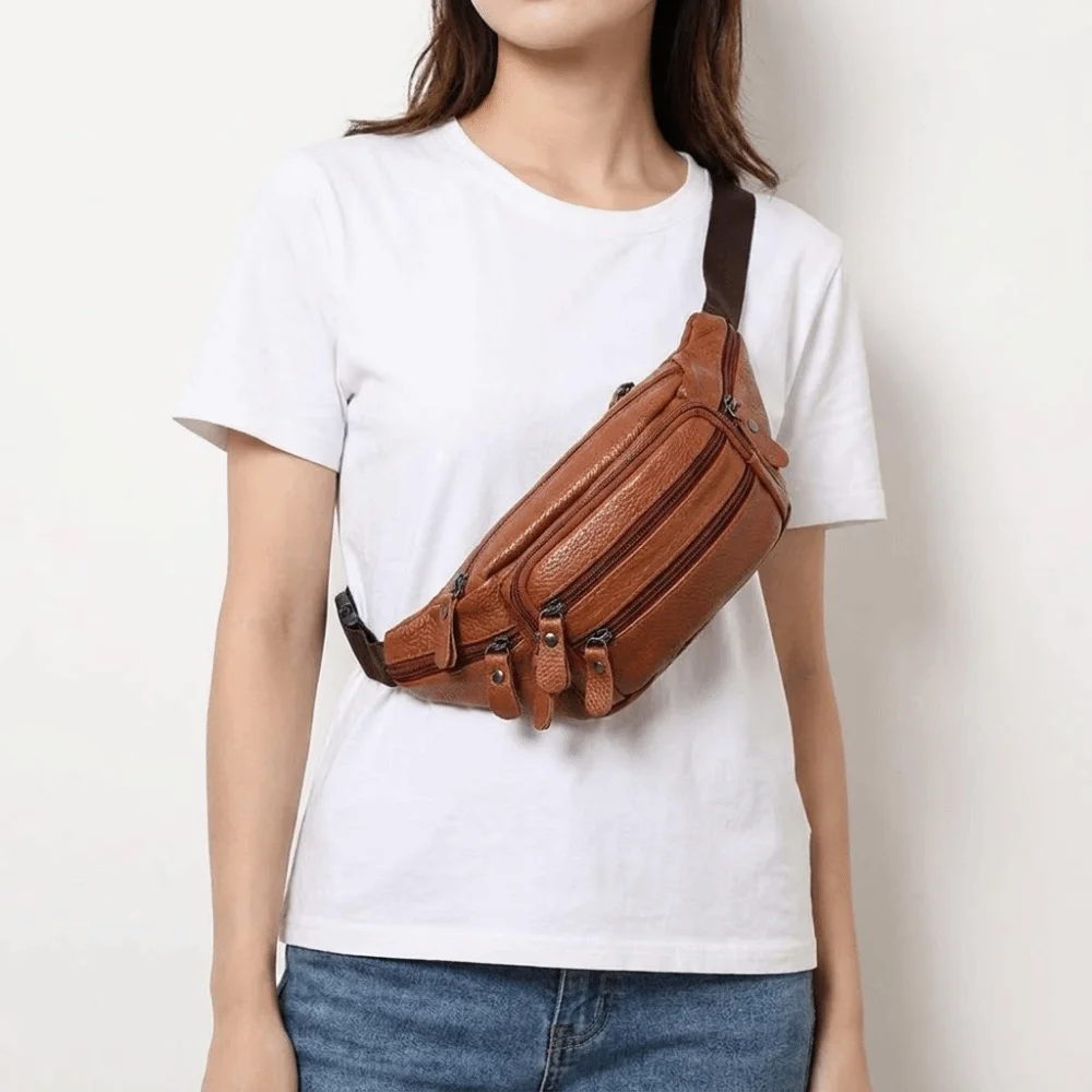 Solid Color Genuine Leather Fanny Bag Adjustable Buckle Strap Multi-layered Travel Waist Bag Wear-resistant Large Capacity