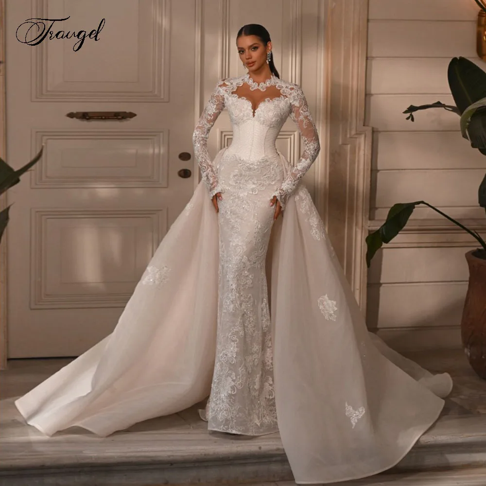 

Customized Mermaid Sexy Wedding Dresses High Neck Long Sleeve Vestido De Novia Lace Appliques Chic Vintage Robe De Mariee