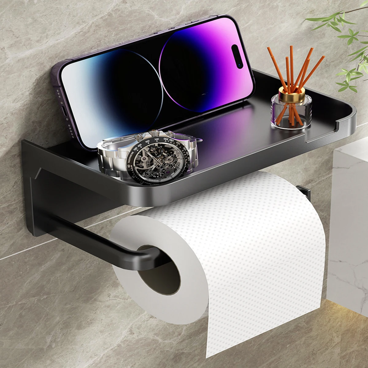 Soporte de papel higiénico montado en la pared, sin perforaciones, estante para rollos de papel para baño, caja de almacenamiento de tubos, accesorio para el hogar, 1 ud.