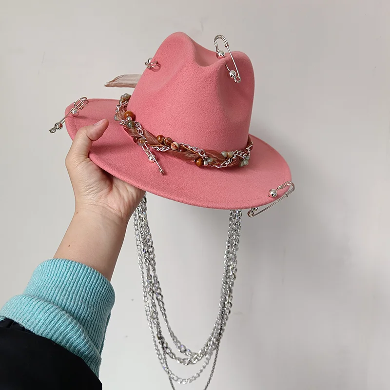 Chain punk fedora hat New fedora hat Silver chain accessories Jazz hip hop winter hat Punk style fedora hat Church hat