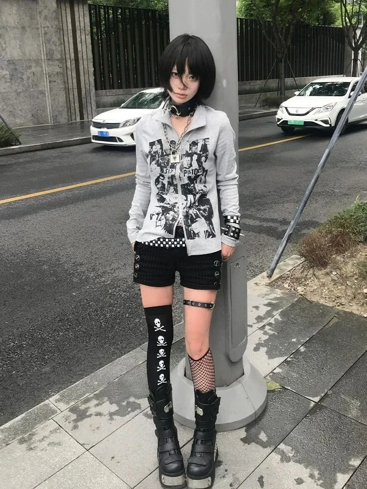 Punk Vintage Print Grunge Hoddies Women Streetwear Double Zippers 2024 Korean Sexy Jacket Y2k Aesthetic Slim Fit Gray Sweatshirt