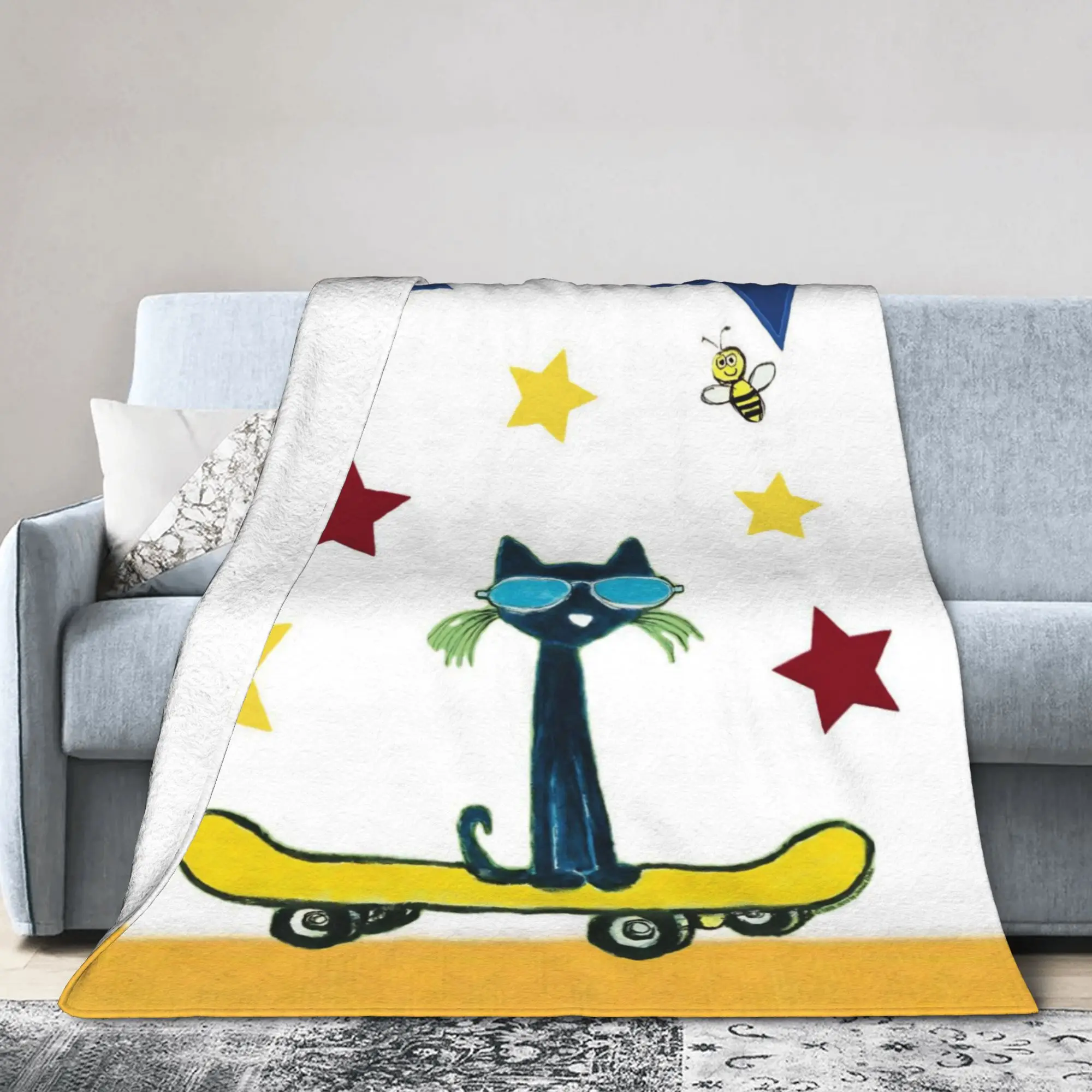 Pete The Cat Cartoon Knitted Blankets Flannel  Ultra-Soft Throw Blankets for Bed Bedroom Quilt