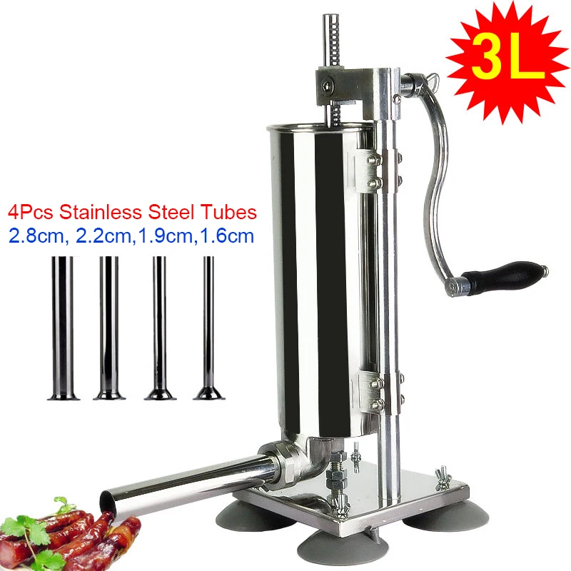 3L Vertical Manual Sausage Stuffer Machine With 4 Suction Cups Stainless Steel Sausage Maker Filler Meat Tools With 4Pc Tubes