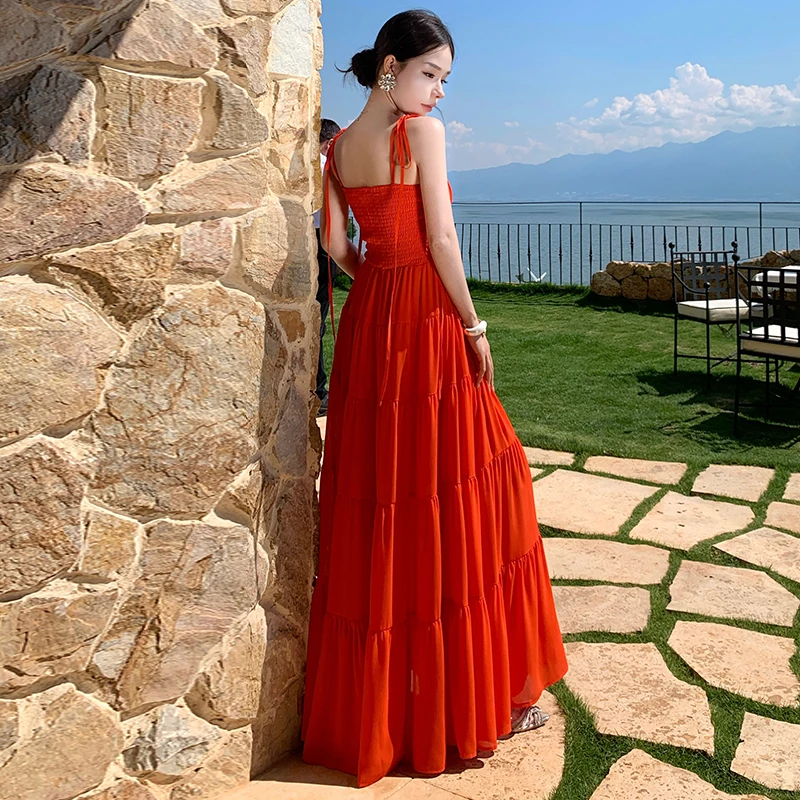 바이온 웨어 오렌지 V넥 밸 스트랩 드 여성용 롱 벨티드 드 시티 커뮤팅 슬레 엘라스틱 웨이스트 컷아웃 드