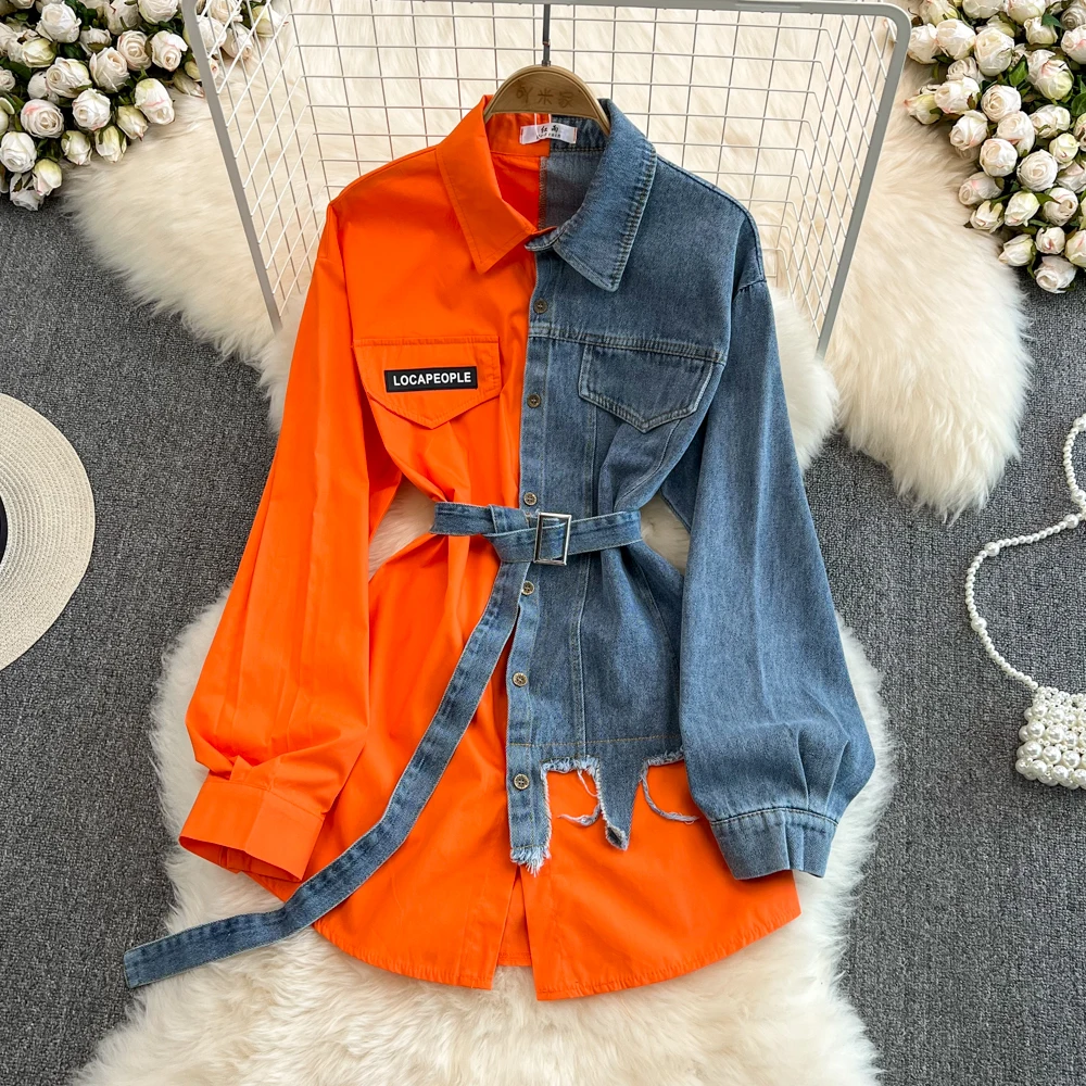 

Retro Hong Kong Sle Chic Casual Mid-Length Women's Denim irt with Waist-Cinching Belt Spring New Arrival Korean Commute S...