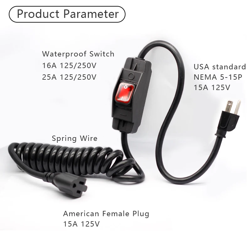 Waterproof Online Switch Spring Wire Power Cord With Red Illuminated Switch With 3 PIN USA Plug NEMA 5-15P And NEMA 5-15R Socket